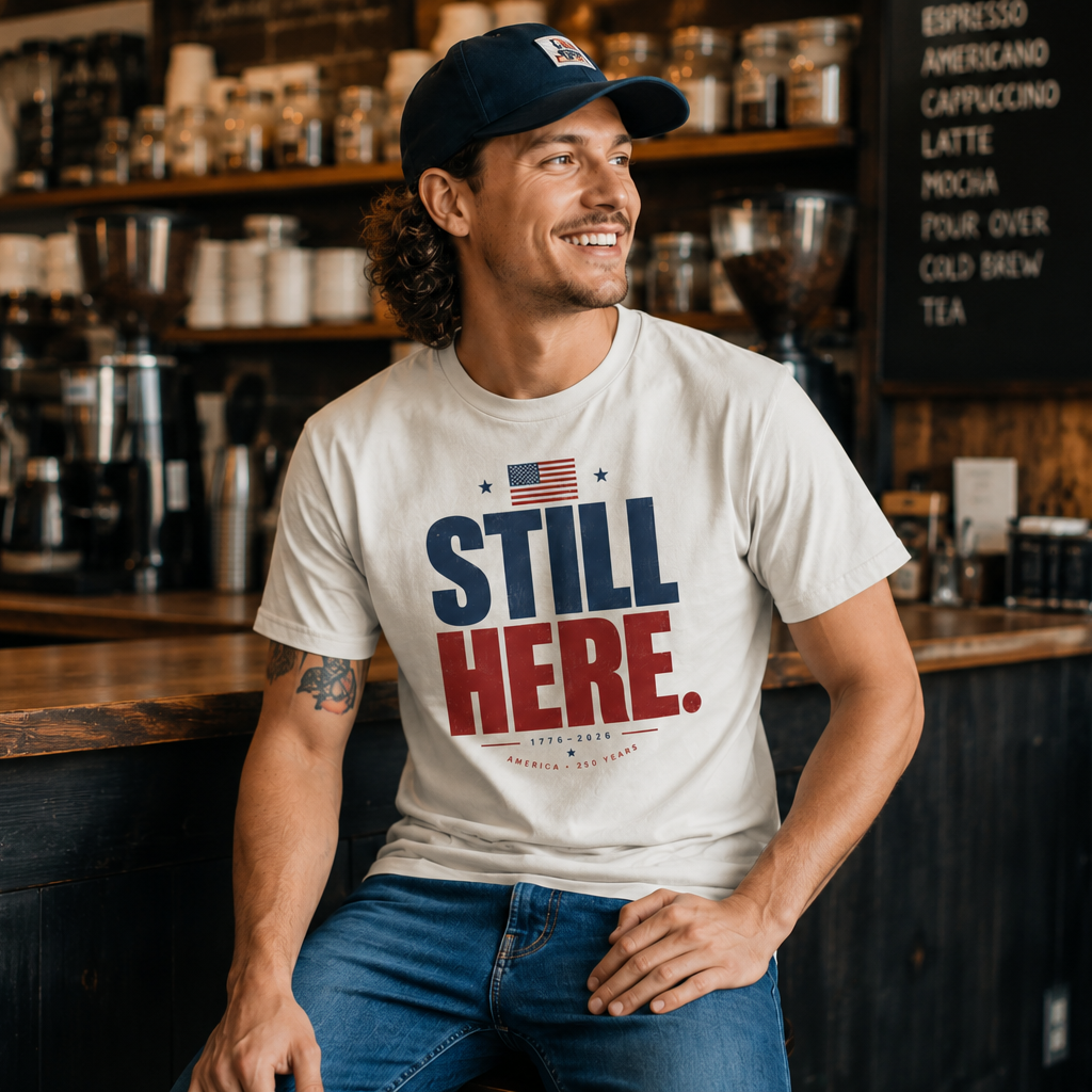 Man wearing a 'Still Here' t-shirt in a coffee shop setting
